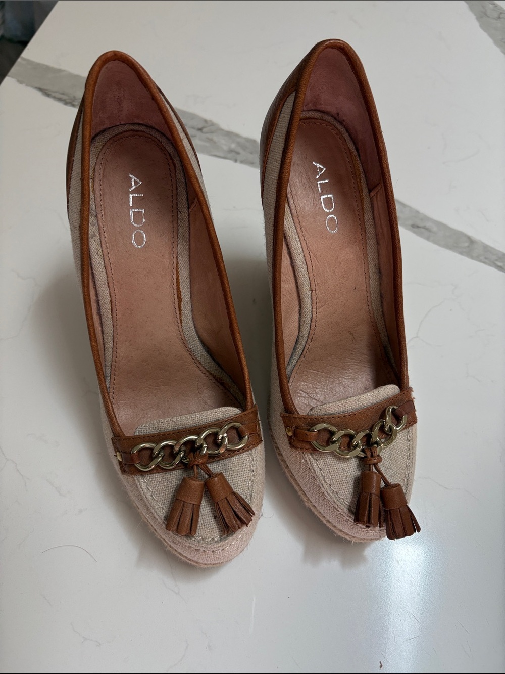ALDO Beige and Brown Tassel Chain Loafers